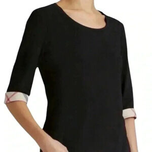Burberry Brit Black Cotton Nova Check Trim Top size medium 3/4 Sleeve